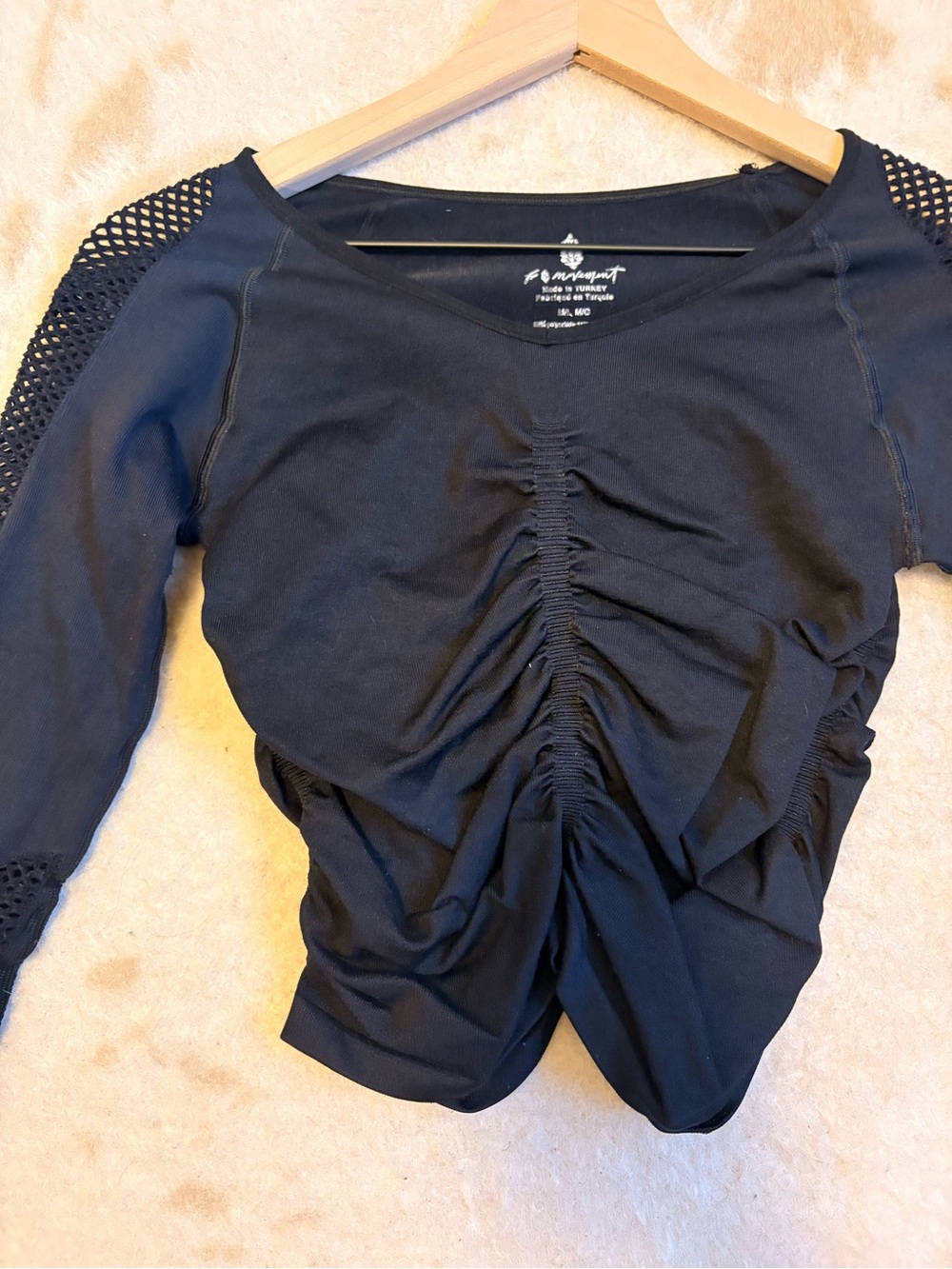 Free People Black Ruched Mesh-Sleeve Long Sleeve Top